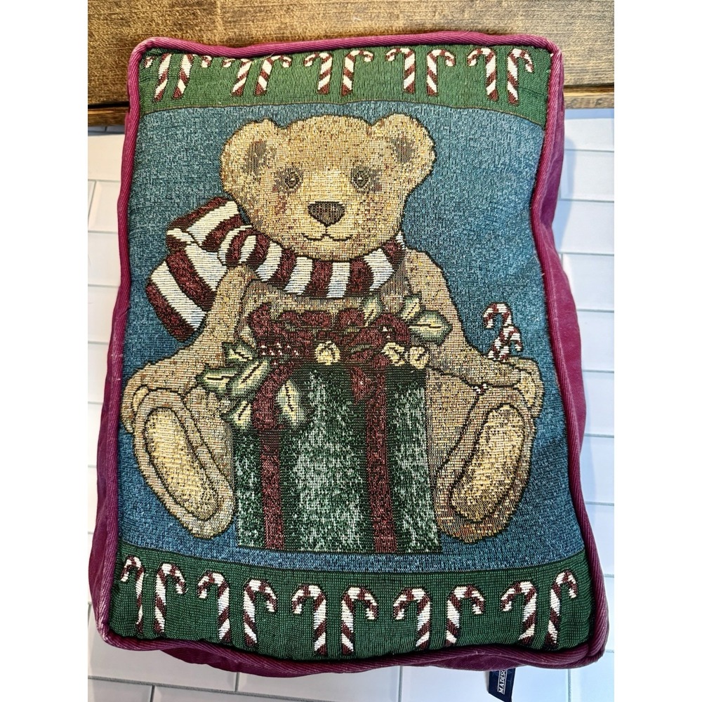 MADISON‎ LANDING Christmas tapestry pillow CHRISTMAS BEAR & CANDY CANES  NWT